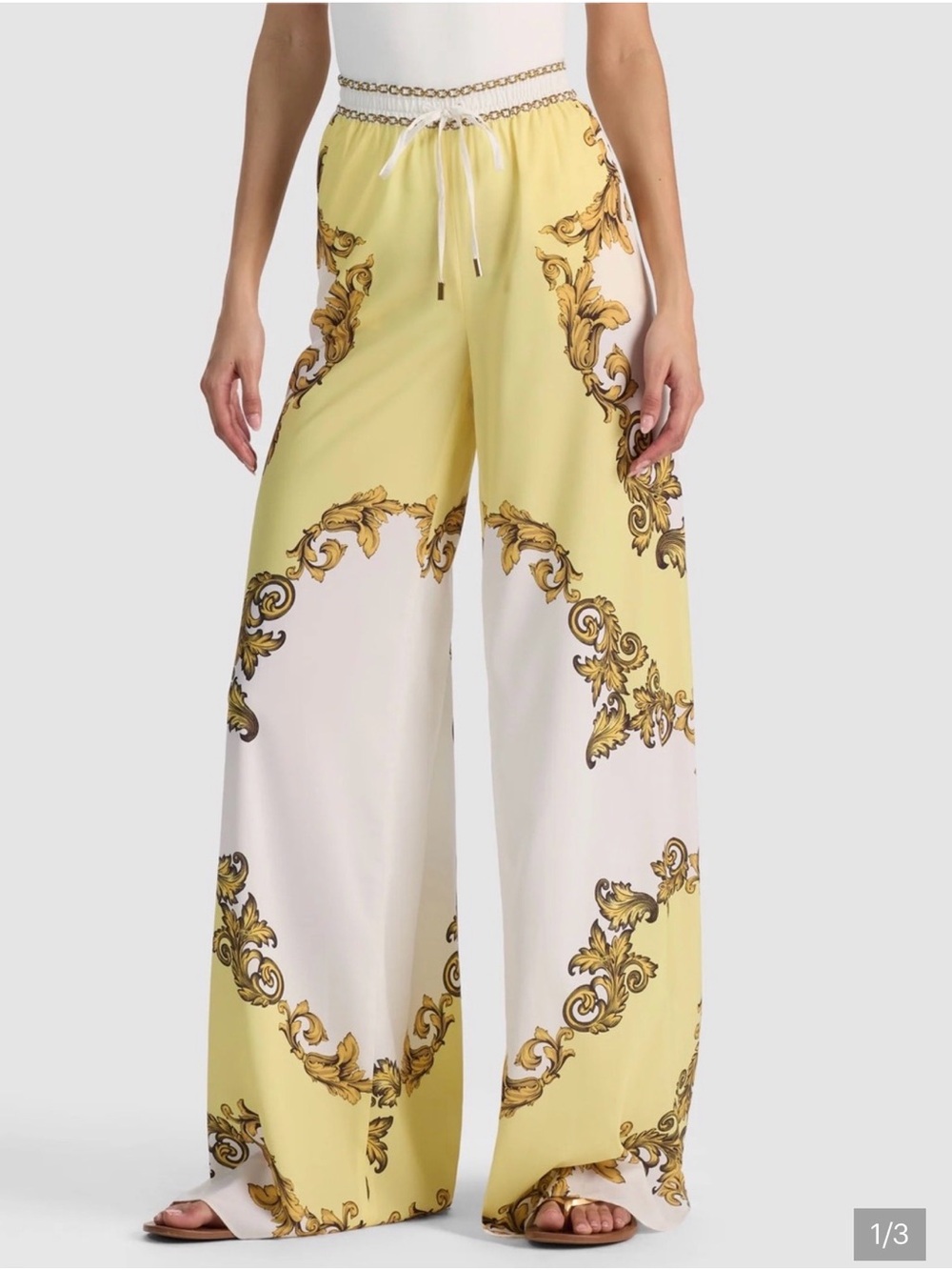 Alice + Olivia Yellow and White Baroque Wide-Leg Pants